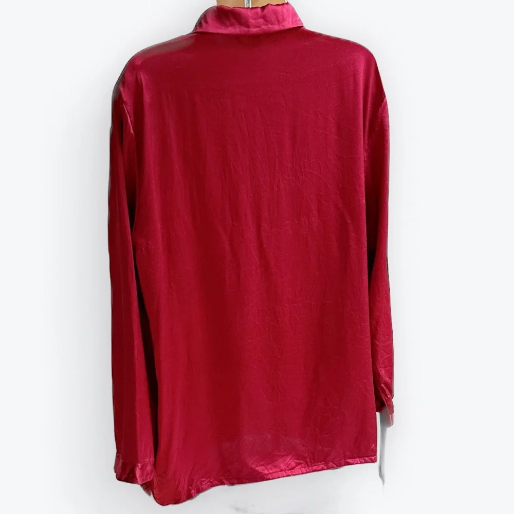Dark Red Silk Long Sleeve Blouse Nightshirt Festive Party Rodeo ~ L (12) - Picture 3 of 14